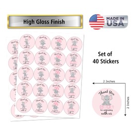 40 Thank You for Showering Our Little Peanut Stickers, 2 Inch Big Round Glossy Labels, Pink Elephant Theme for Girl Baby Shower, Great for Party Favors, Tags, Games and Supplies. Made in USA