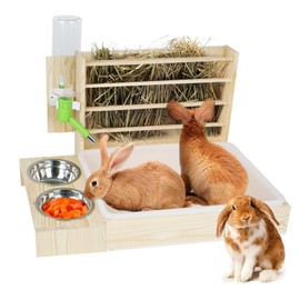 WHXGG 4 in 1 Rabbit Hay Feeder, 500ml Water Bottle, Food Bowl, Litter Box, Foldable, Clean and Healthy