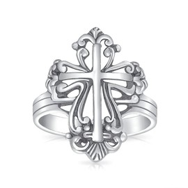 Vintage Style Christian Religious Fleur De Lis Cross Ring For Women For Men Oxidized .925 Sterling Silver