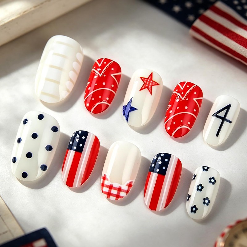 4th Of July Press On Nails Short Almond Fake Nail