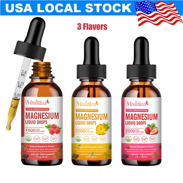 Mulittea 3Flavors Magnesium Glycinate Liquid Drops, with Citrate & Taurate,