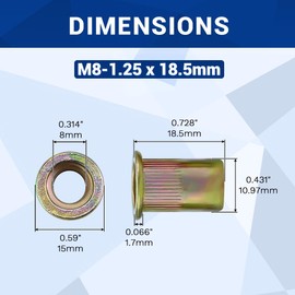 M8-1.25 Flat Head Rivet Nuts, Carbon Steel Yellow Zinc Knurled Threaded Inserts (50 pcs)