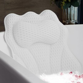 Joeyset Luxury Bathtub Pillow, 4D Air Mesh Fabric for Breathability & Quick-Drying, Extra Thick Spa Cushion for Head, Neck, Back Support, Non-Slip Tub Pillow with Strong Suction Cups, White