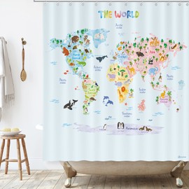 BASHOM BSC615 Animal World Shower Curtain Set for Kids Waterproof Washable Decorative Bathroom 71''x71'' (180x180cm) Polyester Fabric with 12 Hooks Colourful Educational Country Liner Bathtubs