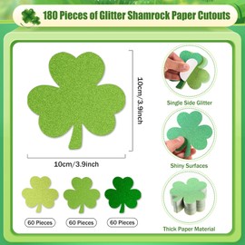 MixTeach 180 Pcs Shamrocks Cutouts St. Patrick's Day Glitter Clover Paper Cut-Outs 4 Inch Green Cover Shape Die Cuts for Irish St Patricks Day Party Bulletin Board Decorations School Craft Projects