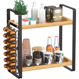 LEMIKKLE Coffee Station Organizer,Compatible with Nespresso Classic Pods 24pcs, Coffee Bar Accessories and Cup Storage Organizer, Wood Counter Shelves for Kitchen, Office, Countertop
