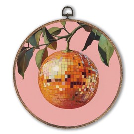 Hxlac Trendy Funky Orange Disco Ball Round Wall Art Framed, Funky Retro Round Wall Decor, Trendy Aesthetic Hanging Canvas Prints Wall Sculptures for Home Living Room Bedroom Decor, 10x10 Inch