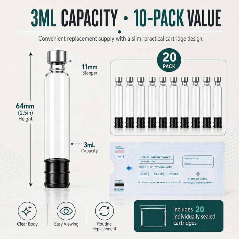 3ml Pen Cartridge,Sterile Glass Cartridges for V1-V2 Personal Pens