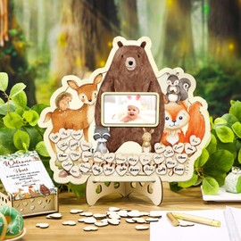 Wenqik 63 Pcs Baby Shower Guest Book Alternatives Set Baby Shower Decorations with Photo Frame Sonogram Frame Keepsake 60 Wood Slices Guest Book for Birthday(Woodland Animal)