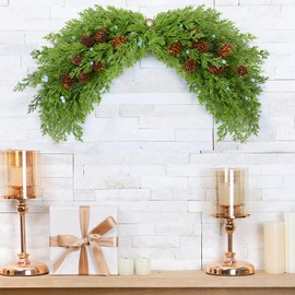 Moucuny Artificial Christmas Juniper Swags for Front Door Christmas Mailbox Swag Garland with Seed Pine Cone 21 Inch Faux Swag Wreath for Xmas Decoration Home Window Mantel Hanging Decor