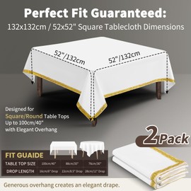 Set of 2 White Square Tablecloths 132 x 132 cm with Gold Thread Jacquard, Polyester Table Cover for Card Table Dishwasher Safe for Wedding Camping Buffet