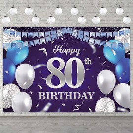 Happy 80th Birthday Banner Backdrop Navy Blue Balloons Confetti Stripe Flag Light Spots Cheers to 80 Years Old Theme Decorations Decor for Women Men 80th Birthday Party Bday Supplies Glitter Silver