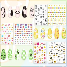 JarThenaAMCS 6 Sheets 5D Embossed Nail Art Stickers Smile Face Floral Decorative Self-Adhesive Nail Decals for DIY Manicure Party Supplies