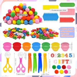 ZhowHoHo 270 Pcs Letters and Numbers Sensory Bin Fine Motor Toys Counting Sorting Sensory Bin Filler 100 Pcs Pompoms 100 Pcs Wooden Letters and Numbers 50 Geometric for Preschool Education Activities