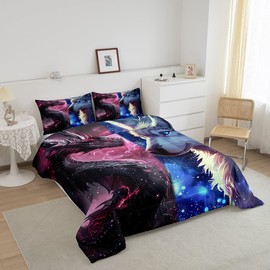 Castle Fairy 3D Dragon Wolf Bedding Set Full Size Red Blue Starry Sky Splice Comforter for Child Toddler Teens Western Dragon Down Comforter Wild Animal Wolf Duvet Insert with 2 Pillowcases