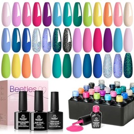 Beetles Kit Esmalte en Gel 20 Piezas Fantasyland  Tonos Pastel, Rosa, Morado, Azul, Verde y Brillo con Base y Capa Superior UV LED                    