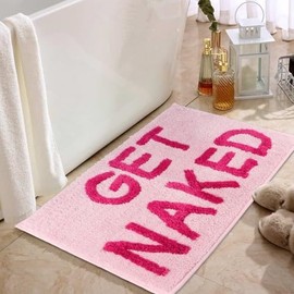 Volumoon Bathroom Mat ”GET Naked”, 40 x 60 cm Bathroom Rug, Bathroom Carpet, Extra Soft Non-Slip Bath Mats, Bath Rug Foot Mat, Bathroom Shower Floor Mat, Rug for Bathroom Floor, Bedroom, Toilet,Pink
