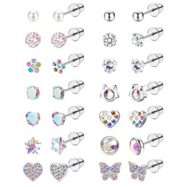 LOYALLOOK 14Pairs Hypoallergenic Screwback Earrings for Women Girls Tiny CZ Pearl Ball Heart Flower Screw Back Earring Studs 316L Stainless Steel Stud Earrings Flatback 20G B Over 3 Years Old