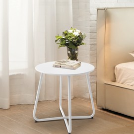 Meluvici Patio Outdoor Side Table Waterproof Round Metal Steel Small Side Table Weather Resistant Portable Outdoor and Indoor End Table for Garden Balcony Yard, White