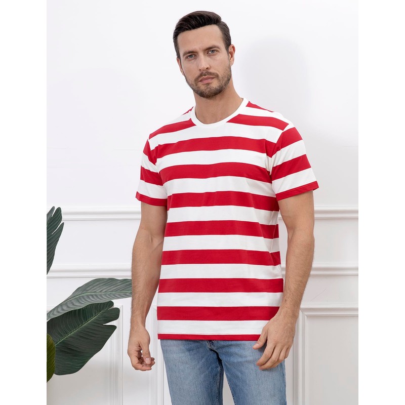 COSAVOROCK Men's Wide Striped Cotton Short Sleeve T-Shirts Crew Neck