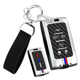 HIBEYO 6 Button Key Fob Cover Compatible with Jeep Grand Cherokee Grand Wagoneer 2021 2022 2023 2024 Accessories Alloy Carbon Fiber Texture Key Shell with Leather Keychains-6 Button Silver