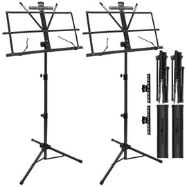2 Pack Music Stand, 2 in 1 Dual-Use Folding Sheet Music Stand, Lightweight Portable Adjustable Desktop Book Stand with Music Sheet Clip Holder & Carrying Bag(2 Pack Black)