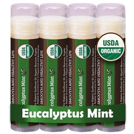 Bálsamo labial orgánico USDA de Earth's Daughter, paquete de 4 – Sabor de menta de eucalipto, cera de abejas, aceite de coco, vitamina E – mejor barra