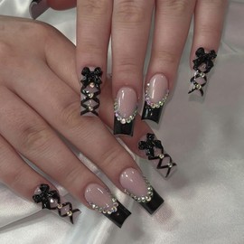 3D Handmade Black French False Nails, Medium Long Square Press on Nails with Bow Rhinestones Design, Natural Acrylic Manicure Kit, Removable Glossy Stick on Nails for Women Daily Party Wear
