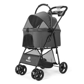 Pet Stroller, 4 Wheels Pet Strolling Cart for Medium/Small Dogs and Cats, Foldable Cat Jogger/Dog Stroller with Cup Holder, Storage Basket, Breathable Mesh, All-Season Pet Carrier (Dark Grey)