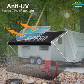 Suncode RV Awning Fabric Replacement Waterpoof Universal Outdoors Canopy for Camper,Trailer,and Motorhome Awning Replacement Premium Grade Vinyl RV Canopy Replacement 15'(Fabric 14'2") Black