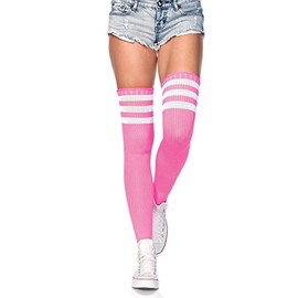 Leg Avenue Women's Three Stripes Athletic Ribbed Thigh High Socks, Neon Pink, One Size
