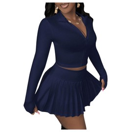 SOLY HUX Women's Skirt Sets 2 Piece Outfits Long Sleeve Crop Top with Pleated Mini Skirt Set Activewear Party Outfits for Women Dark Blue Large