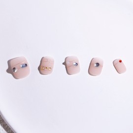 Light Rain Pink Press on Nails Short - Perfume, Matte 3D Handmade Rhinestones Reusable Gel UV Finished Bling False nails, Hand-Painted Design by Professional Manicurist, Short Square, Medium Size