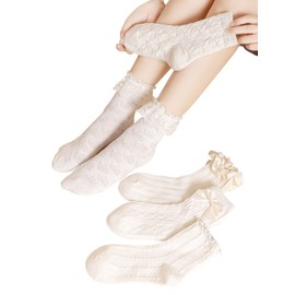 Verdusa Women's 5 Pairs Bow Lace Ruffled Ankle Socks Frilly Socks Beige one-size