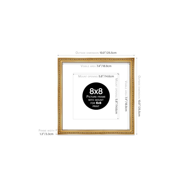 8x8 Gold Ornate Photo Frame With White Mat For 6x6