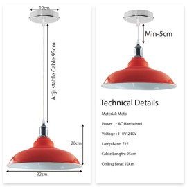 LEDSone Vintage Retro Style Industrial Orange Ceiling Pendant Lamp Cluster Light Fitting 32cm Metal Lampshade, UK E27 Lighting Kit (Orange)