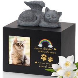 DiDiBirDi Cat Urns for Ashes, Rainbow Bridge Pattern Black Wooden Keepsake with Photo Frame, Pet Memory Box with Resin Cats Angel Statue and Sealed Storage Bags (Up to 10kg)