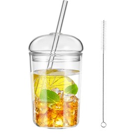 SG HOMEPRO Glass Tumbler- 15 OZ with Glass Dome Lid and Glass Straw, Great for Iced Coffee, Iced Tea, Juices, Milk and Soda