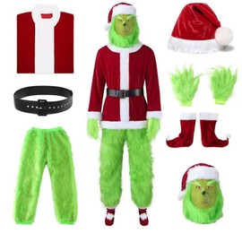 Costume Bay Monster Santa Christmas Xmas Green Big Monster Costume Fancy Dress Deluxe Furry Outfit Velvet Hooded Cosplay (7pcs Adult Furry Monster Santa Set, XL)