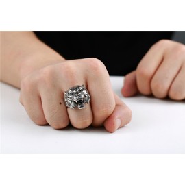 PAMTIER Mens Stainless Steel Vintage Gothic Biker Tiger Head Ring Band Animal Design Black Silver Size P 1/2