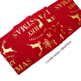 Christmas Table Runners Linen Red Table Runner Tablecloth with Reindeer Patterns Washable Table Lines for Christmas Dining Table Decorations, 11x108Inches(Elk)