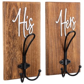 Bucherry 2 Pcs His and Hers Towel Hooks for Bathroom Kitchen Farmhouse Wood Wall Hanging Heavy Duty Double Towels Holder Hooks Rustic Decorative Hanging Coat Keys Robe Hat (Brown)