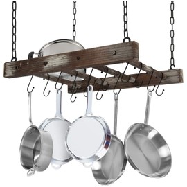 J JACKCUBE DESIGN Hanging Pot Rack Pan Ceiling Wall Mounted Hanger Multi- Purpose Rustic Wood and Metal Cookware Kitchen Storage Organizer With Utility 16 Hooks - MK603B