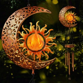 Kelvinlux Solar Sun Moon Wind Chimes Outdoor, Waterproof Wind Bells Light with Crackle Glass Ball for Outside, Clearance Unique Gifts for Mother's Day, Mom, Women, Girls, Yard, Garden, Party Decor