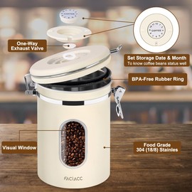 FACIACC Airtight Coffee Canister, 1800ML Stainless Steel Coffee Container with Measuring Scoop & Date Tracker Food Storage Container for Coffee Ground, Tea, Sugar and Nuts