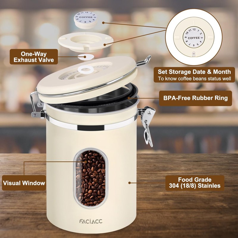 FACIACC Airtight Coffee Canister, 1800ML Stainless Steel Coffee Container with
