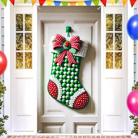 BlissYard Green Christmas Stocking Door Banner 35x71 Inch Hanging Sign with Red Bow and Snowball Design for Front Door Holiday Indoor Outdoor Welcome Wall Spring Fall Party Decoration