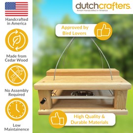 DutchCrafters Cedar Wood Covered Hanging Bluebird Feeder for Mealworms with Food Cup, Enclosed Wooden Dried Mealworm Feeder for Bluebirds for Outdoors