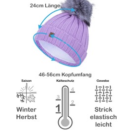 Faera Bobble Hat Women's Lined Winter Hat Knitted Hat Girls Fleece Lining Beanie 79, purple