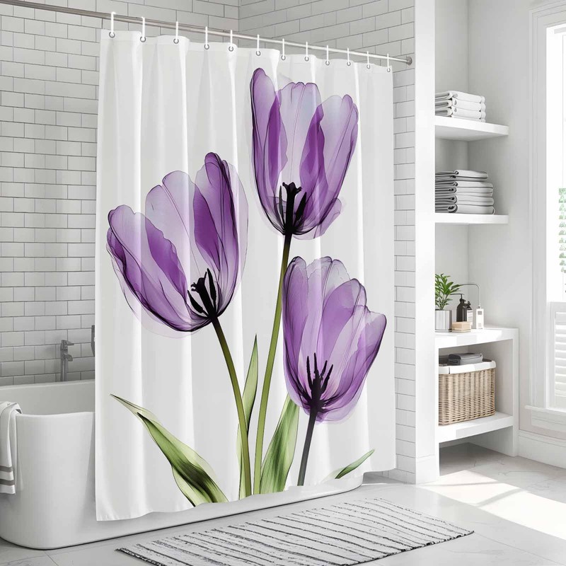 Purple Tulips Shower Curtain Set with Hook 72"x72",Spring Floral Botanical